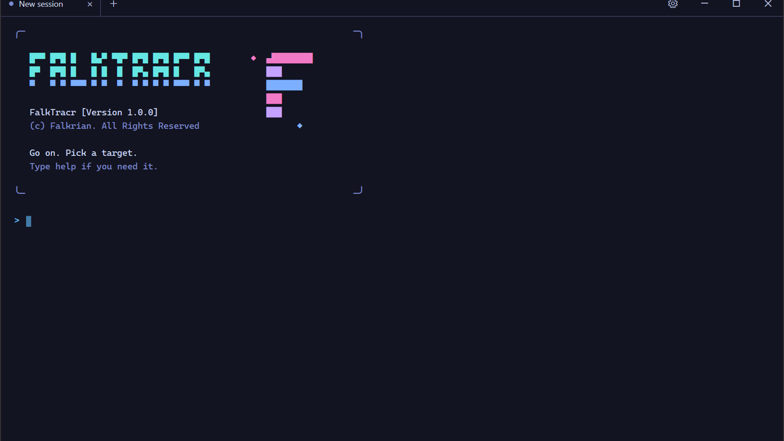 A new FalkTracr terminal session waiting for a target
